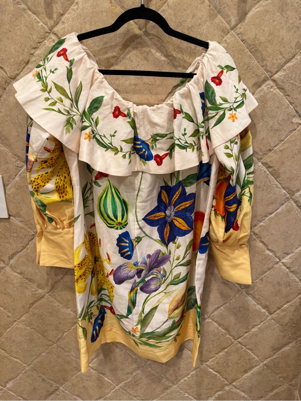 Off-Shoulder Floral Fruit Print Mini Dress in Yellow and Cream - Picture 7 of 7